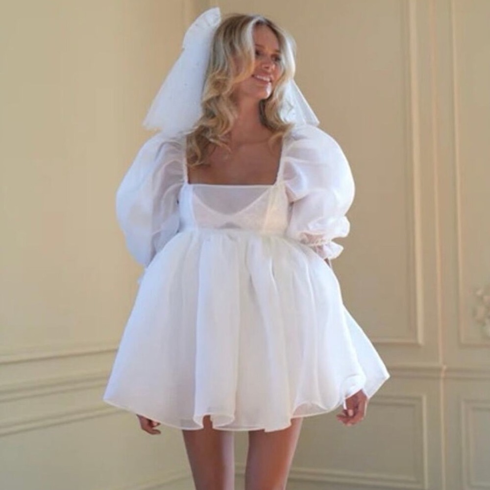Selkie White Puff Dress Size Medium Organza Mini Babydoll - Picture 3 of 15
